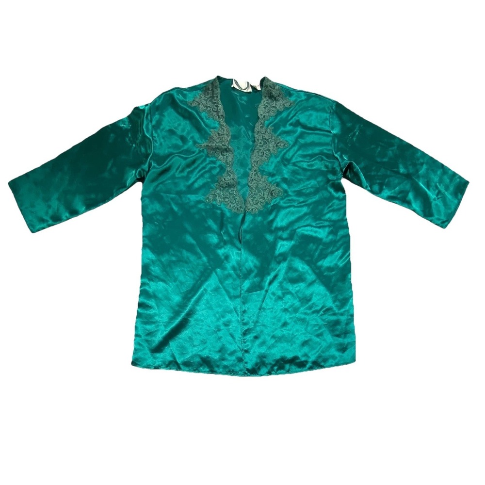 VTG Victoria's Secret Short Robe Womens OS Green Satin Lace Trim Kimono Sleeve